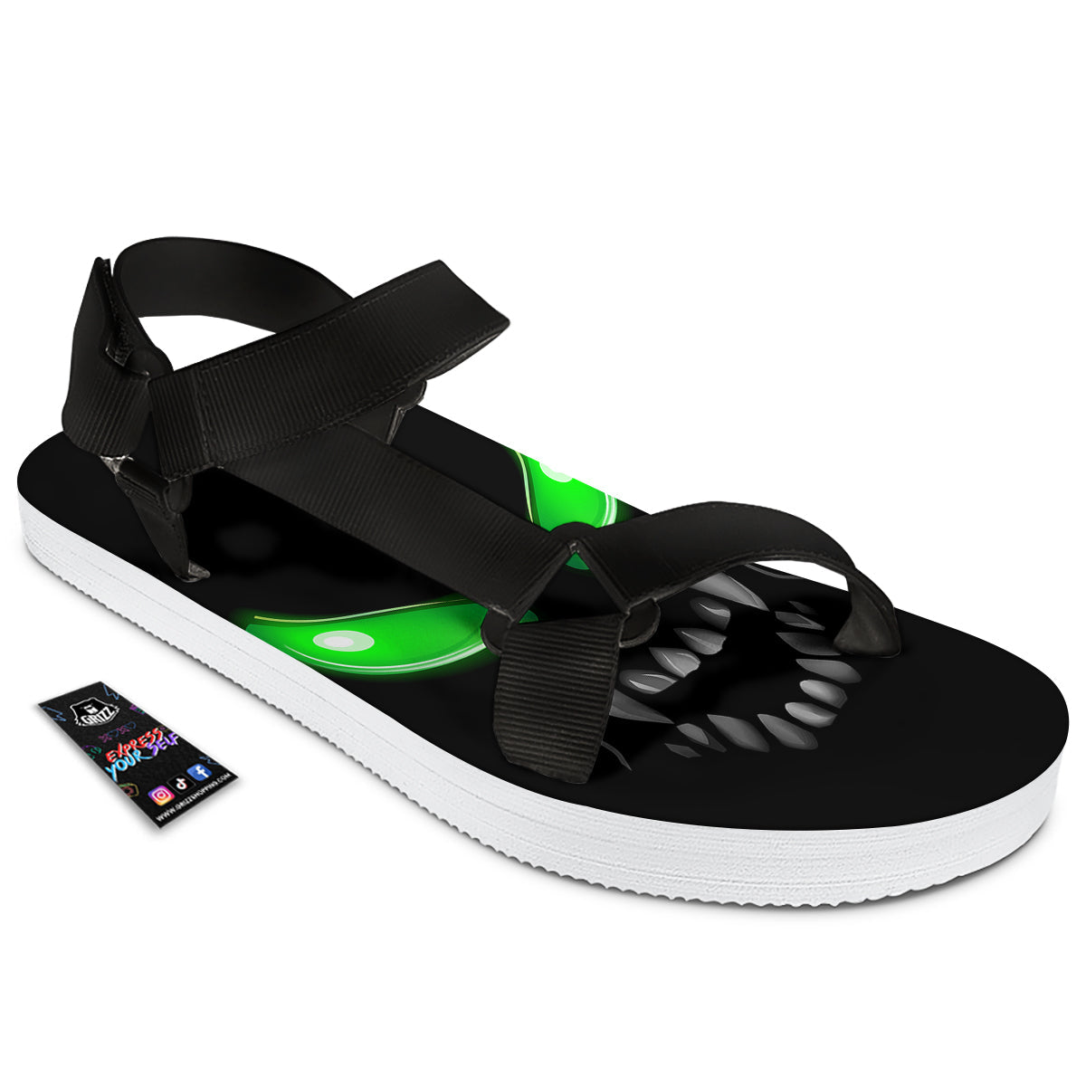 Smiley Face Monster Black Print Black Open Toe Sandals-grizzshop