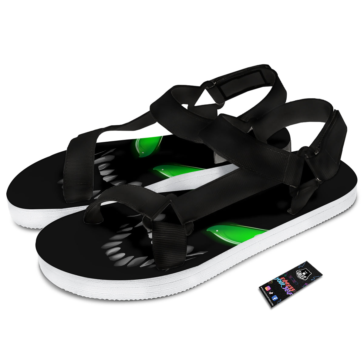 Smiley Face Monster Black Print Black Open Toe Sandals-grizzshop