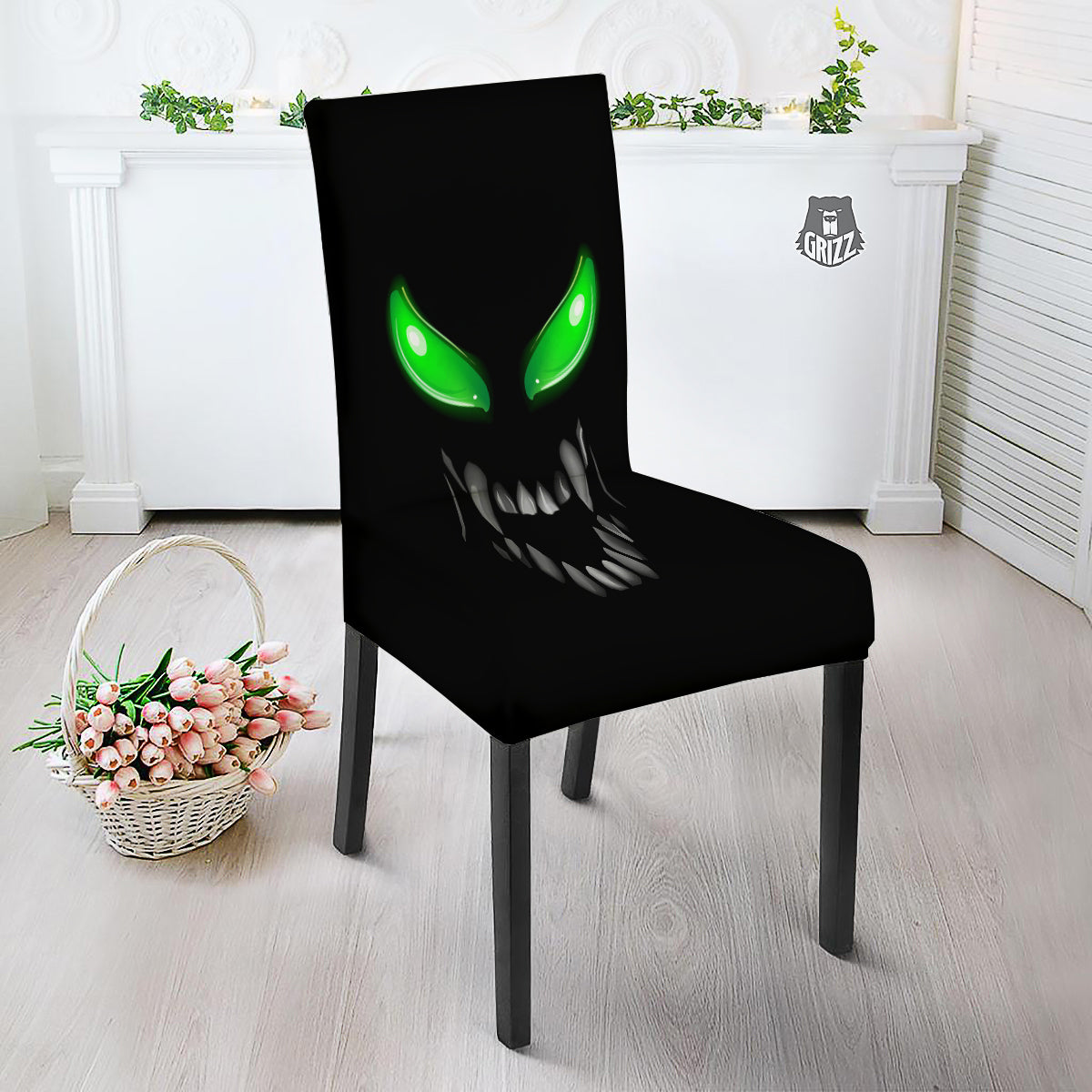 Smiley Face Monster Black Print Dining Chair Slipcover-grizzshop