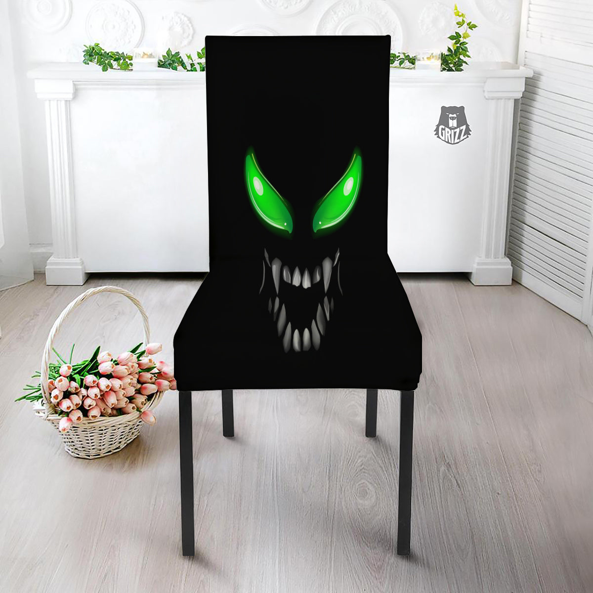 Smiley Face Monster Black Print Dining Chair Slipcover-grizzshop