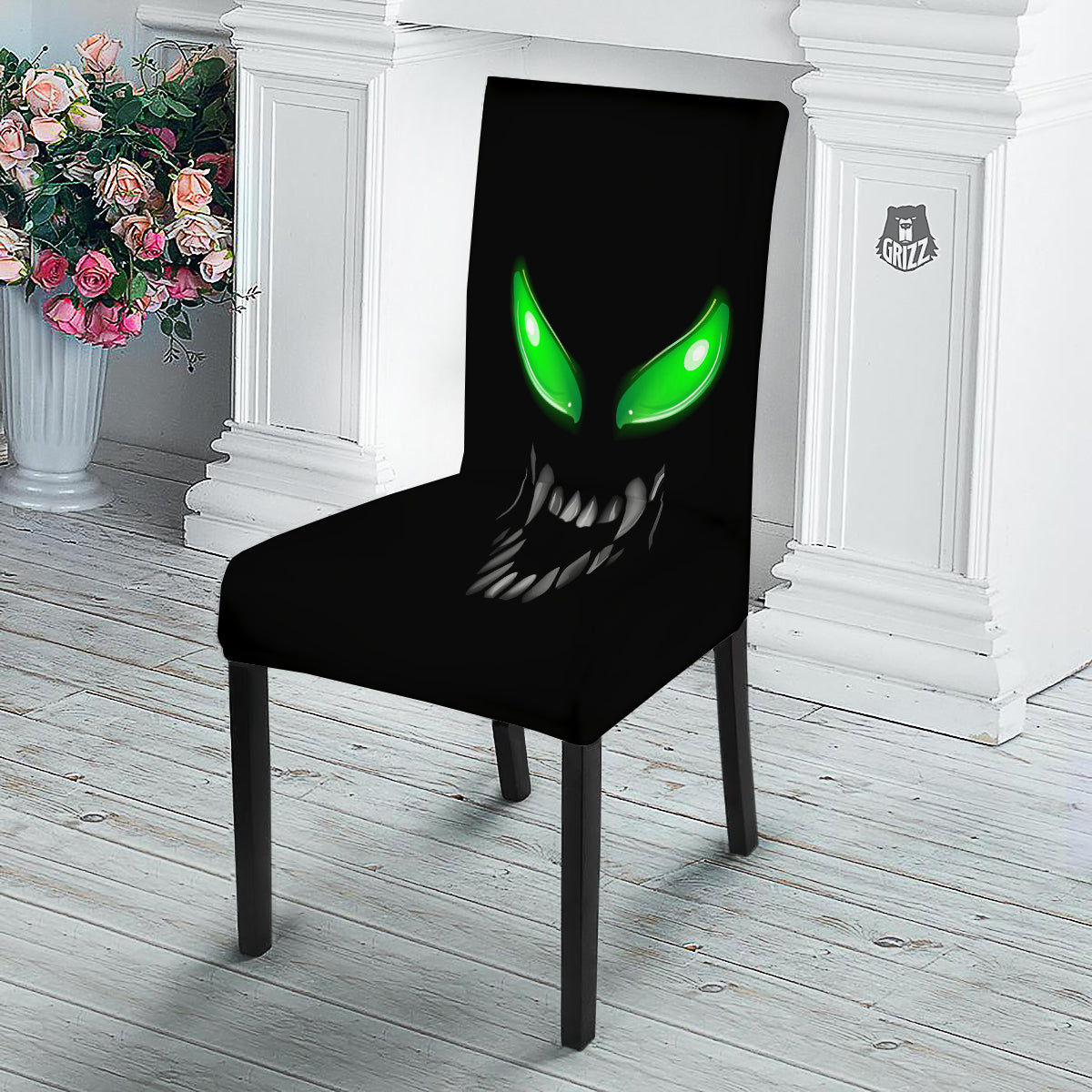 Smiley Face Monster Black Print Dining Chair Slipcover-grizzshop