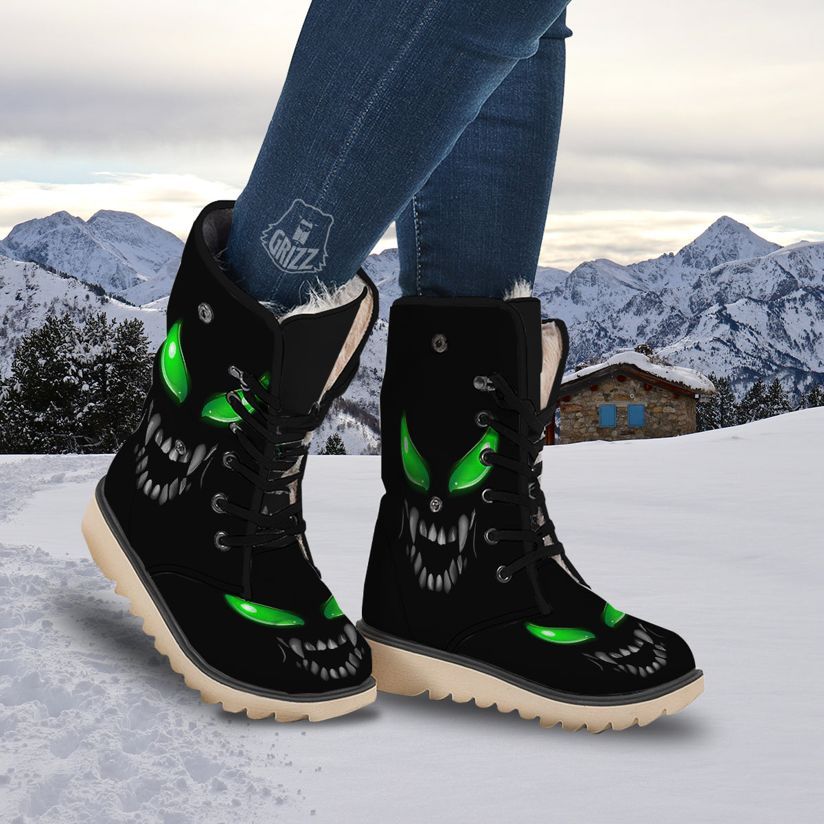 Smiley Face Monster Black Print Snow Boots-grizzshop