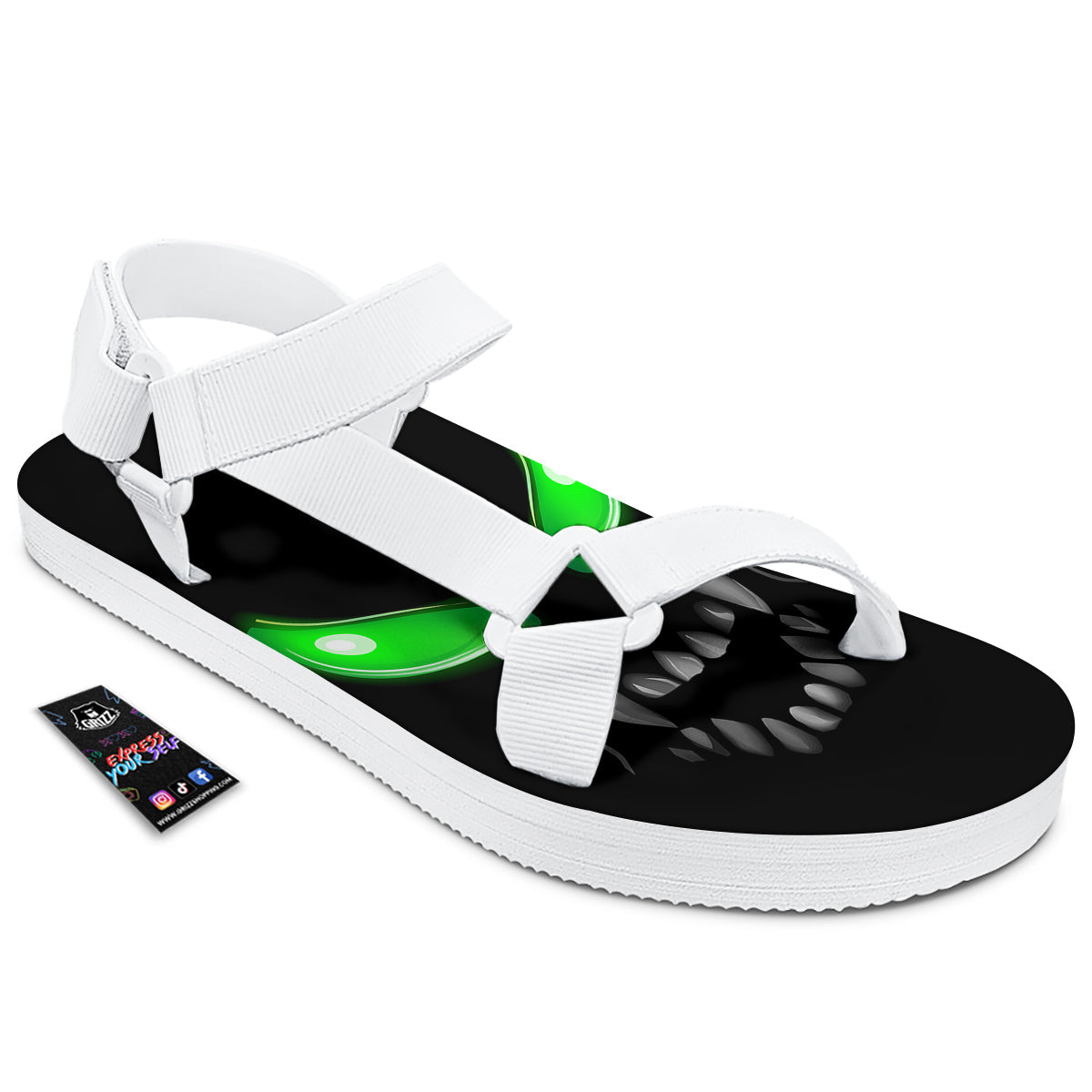 Smiley Face Monster Black Print White Open Toe Sandals-grizzshop