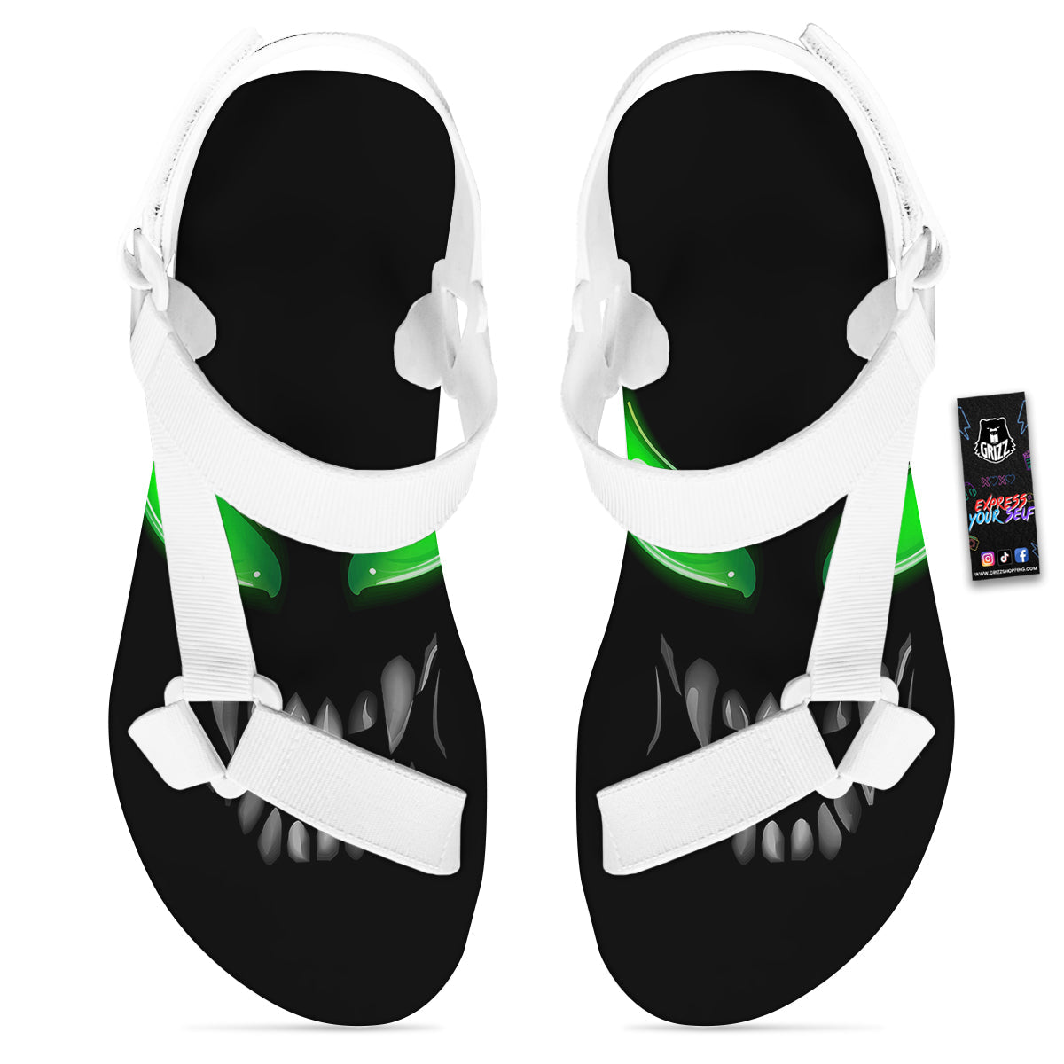 Smiley Face Monster Black Print White Open Toe Sandals-grizzshop