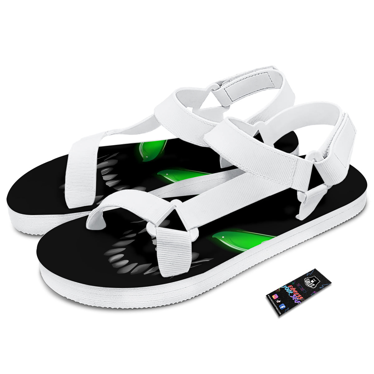Smiley Face Monster Black Print White Open Toe Sandals-grizzshop