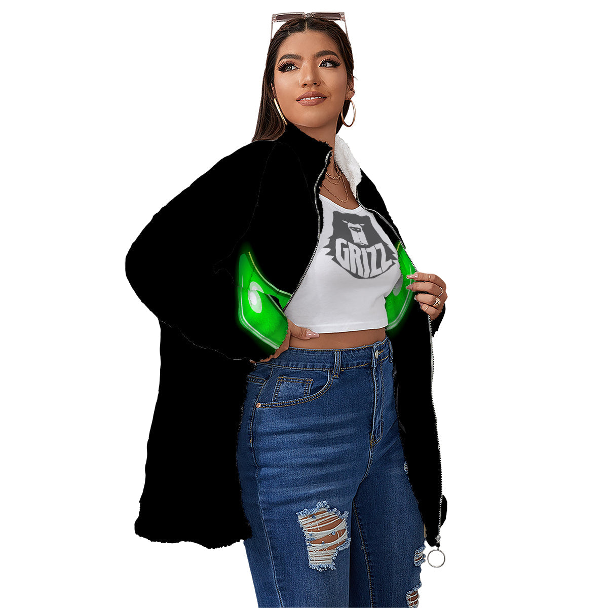 Smiley Face Monster Black Print Women's Sherpa Jacket-grizzshop