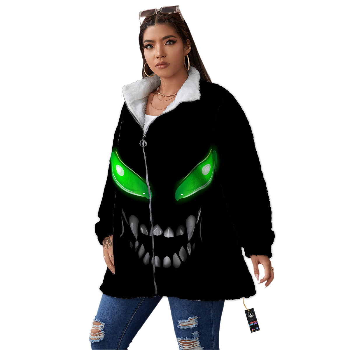 Smiley Face Monster Black Print Women's Sherpa Jacket-grizzshop