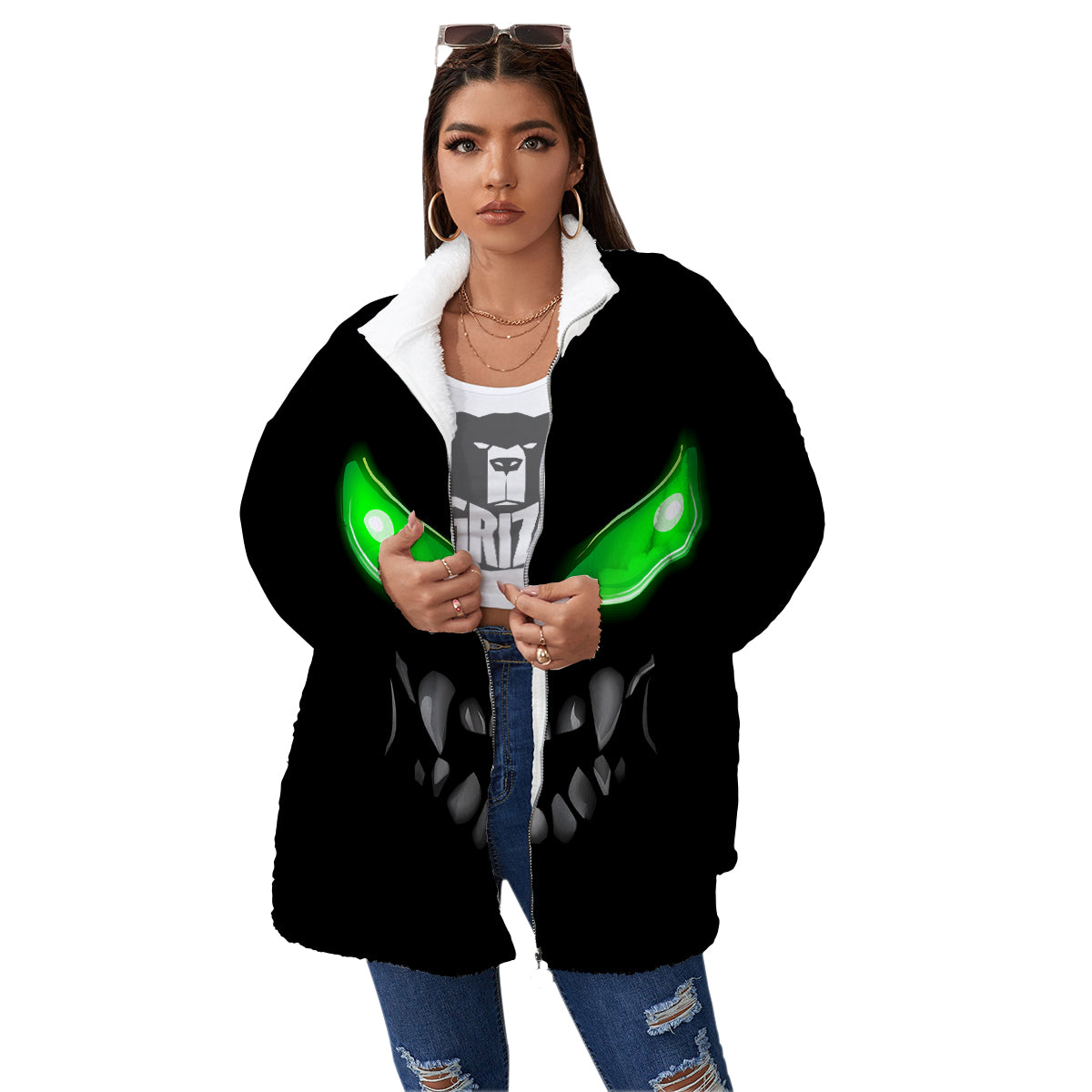 Smiley Face Monster Black Print Women's Sherpa Jacket-grizzshop