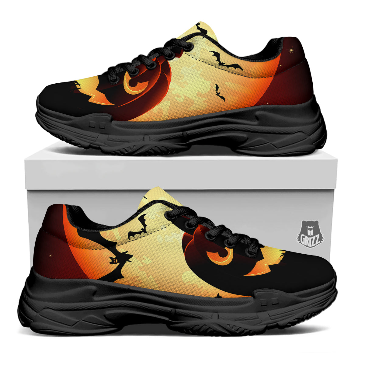 Smiley Faces Halloween Pumpkin Print Black Chunky Shoes-grizzshop