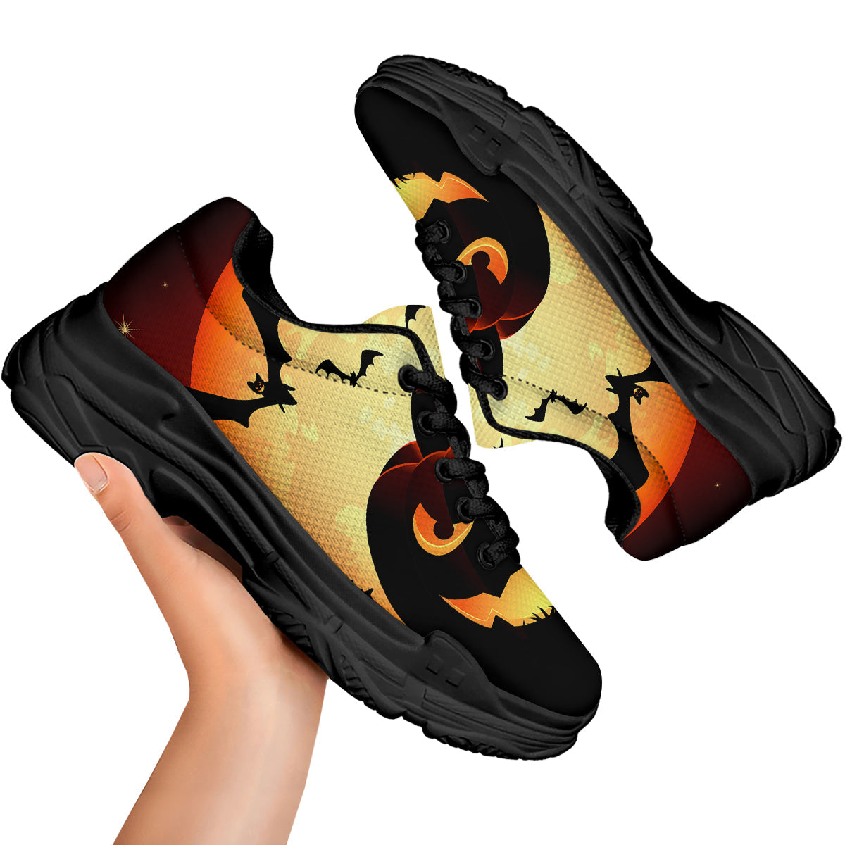 Smiley Faces Halloween Pumpkin Print Black Chunky Shoes-grizzshop