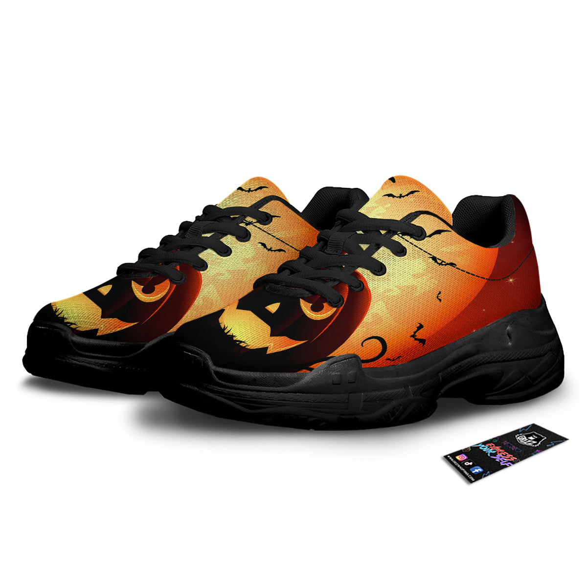 Smiley Faces Halloween Pumpkin Print Black Chunky Shoes-grizzshop