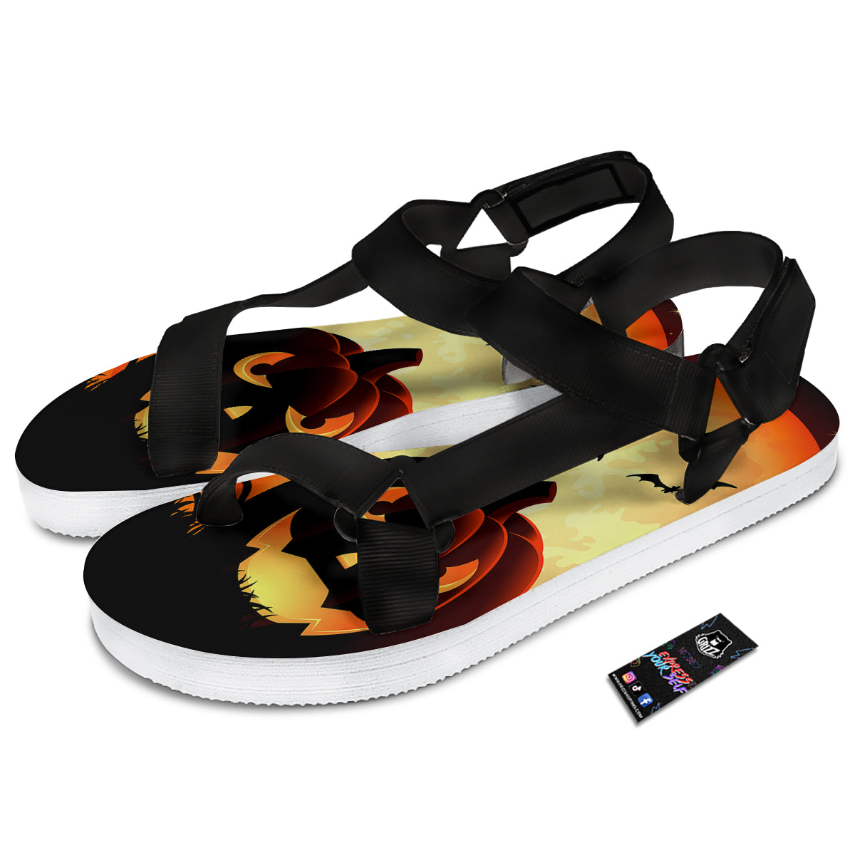 Smiley Faces Halloween Pumpkin Print Black Open Toe Sandals-grizzshop