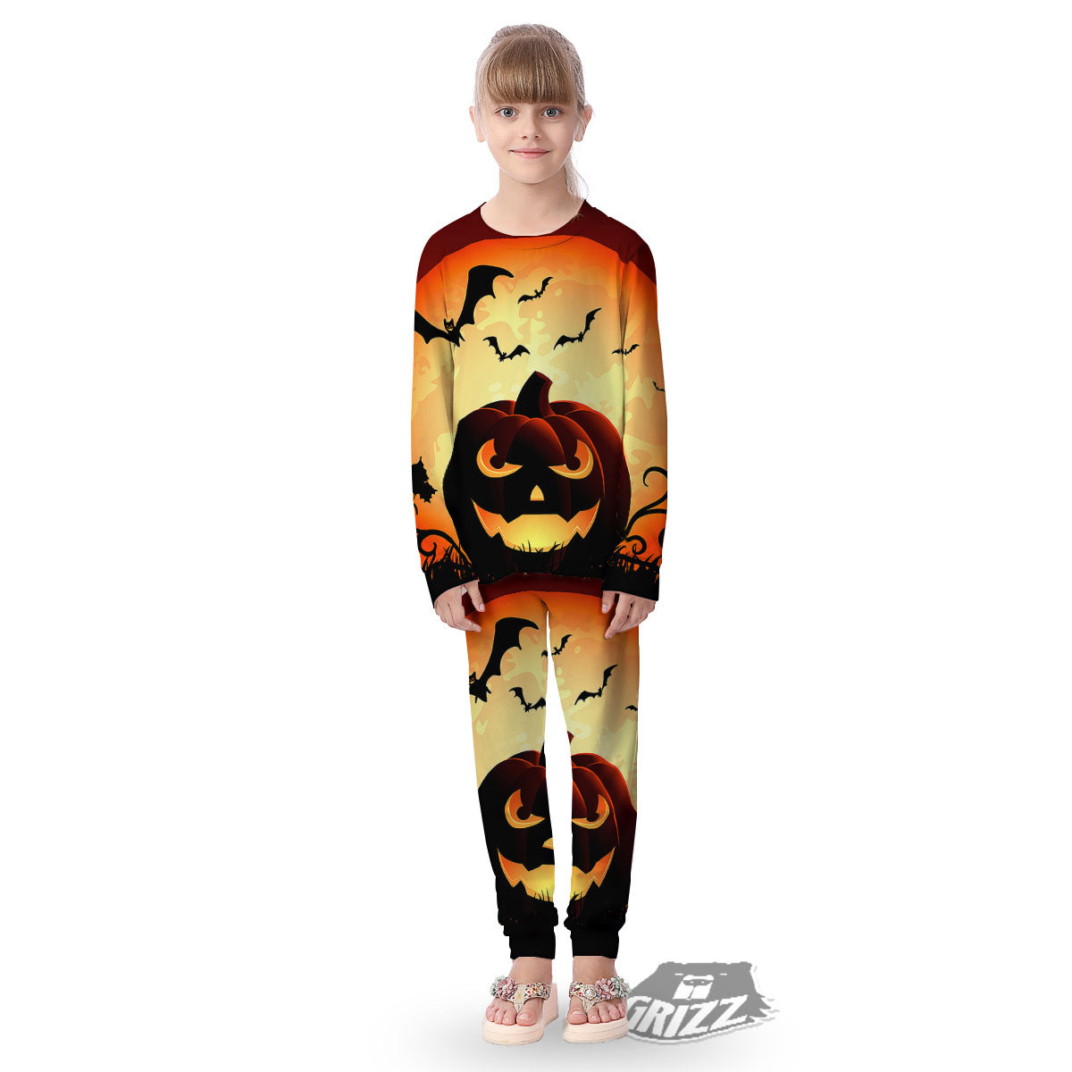 Smiley Faces Halloween Pumpkin Print Kid's Pajamas-grizzshop