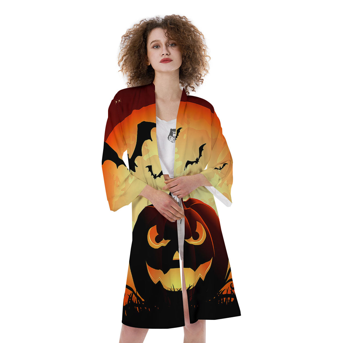 Smiley Faces Halloween Pumpkin Print Kimono-grizzshop