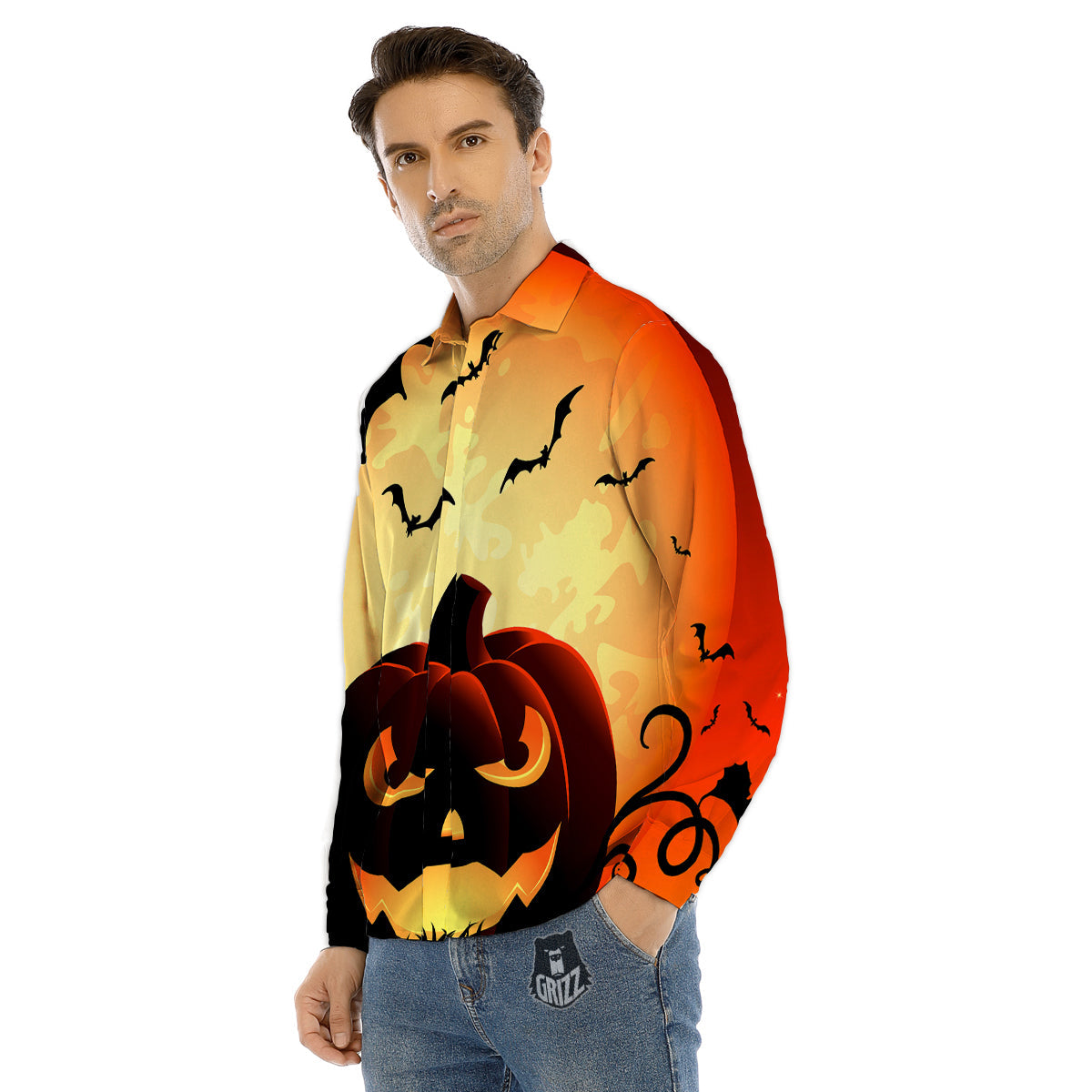 Smiley Faces Halloween Pumpkin Print Men's Dress Shirts-grizzshop