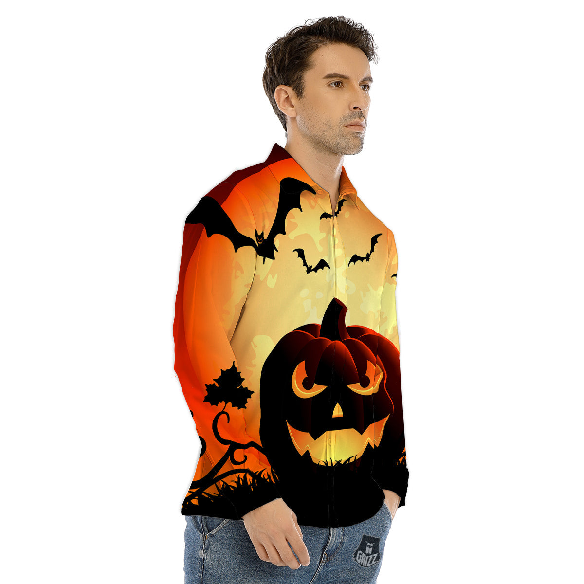 Smiley Faces Halloween Pumpkin Print Men's Dress Shirts-grizzshop