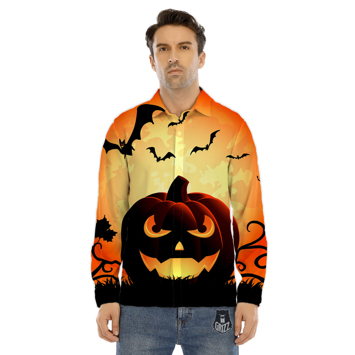 Smiley Faces Halloween Pumpkin Print Men's Dress Shirts-grizzshop