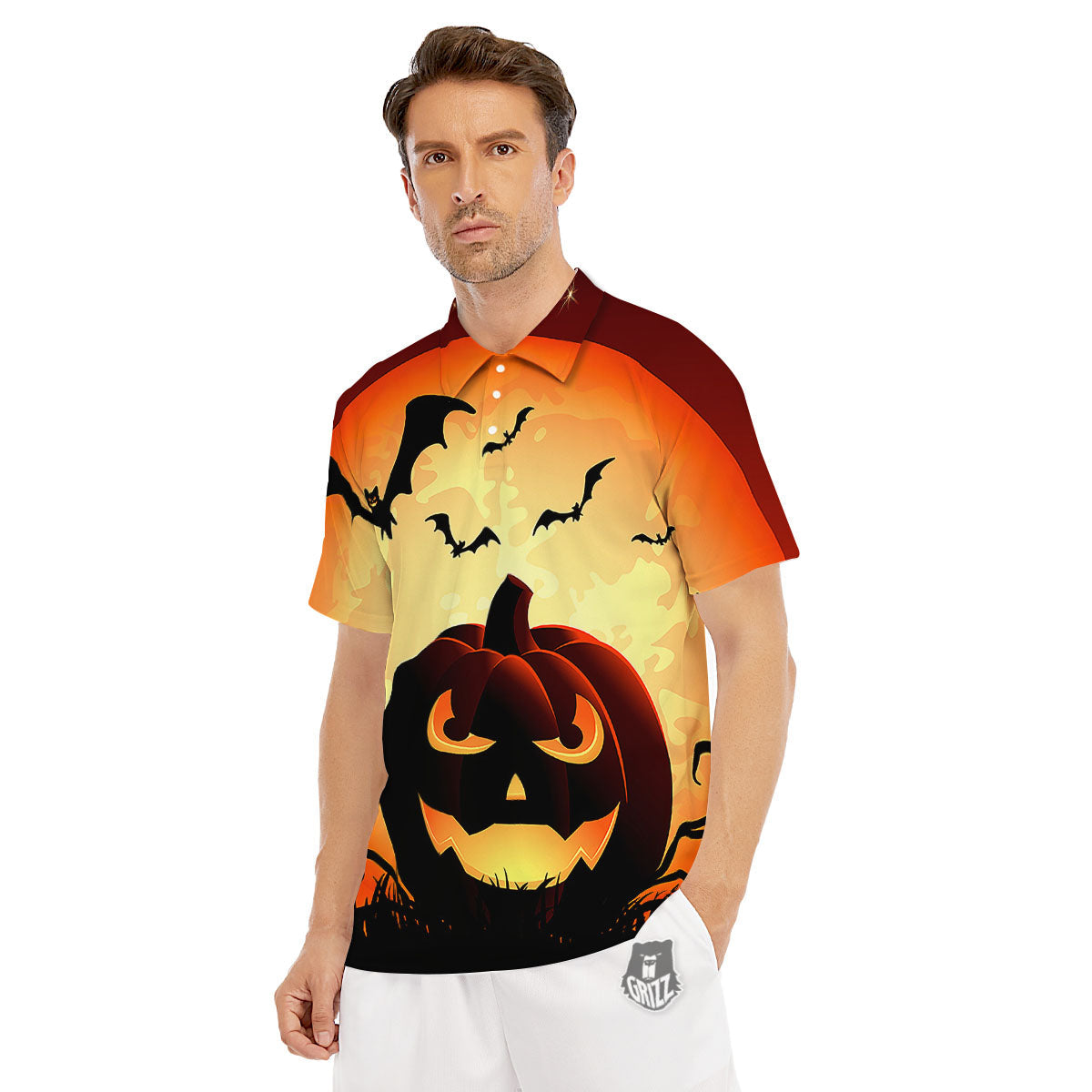 Smiley Faces Halloween Pumpkin Print Men's Golf Shirts-grizzshop