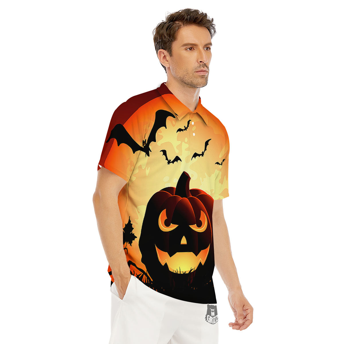 Smiley Faces Halloween Pumpkin Print Men's Golf Shirts-grizzshop