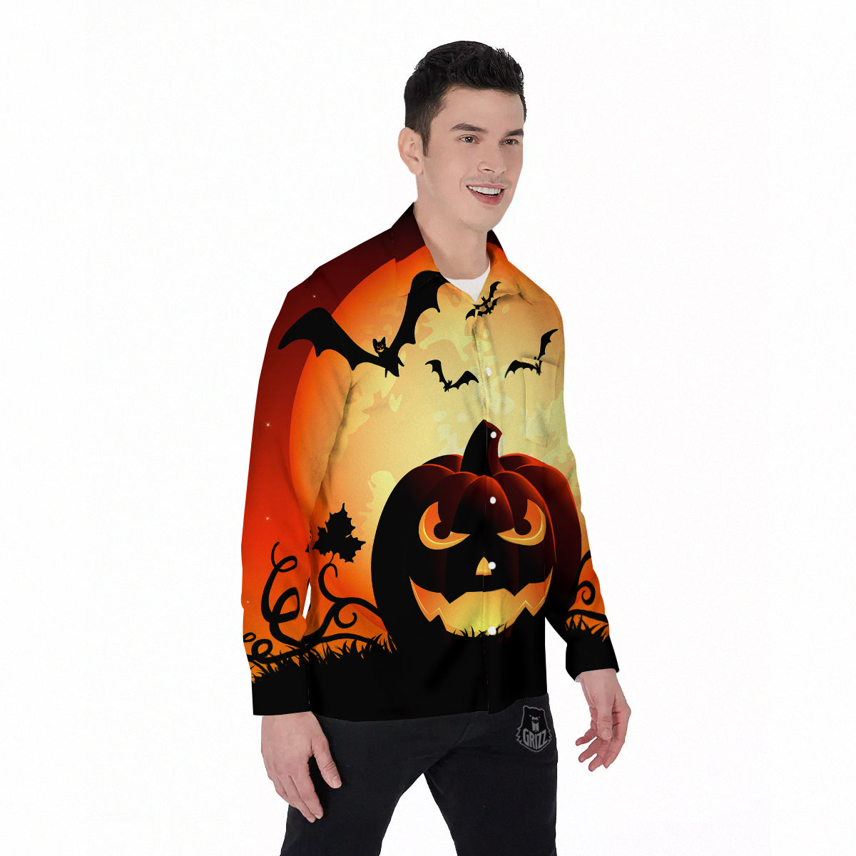 Smiley Faces Halloween Pumpkin Print Men's Long Sleeve Shirts-grizzshop