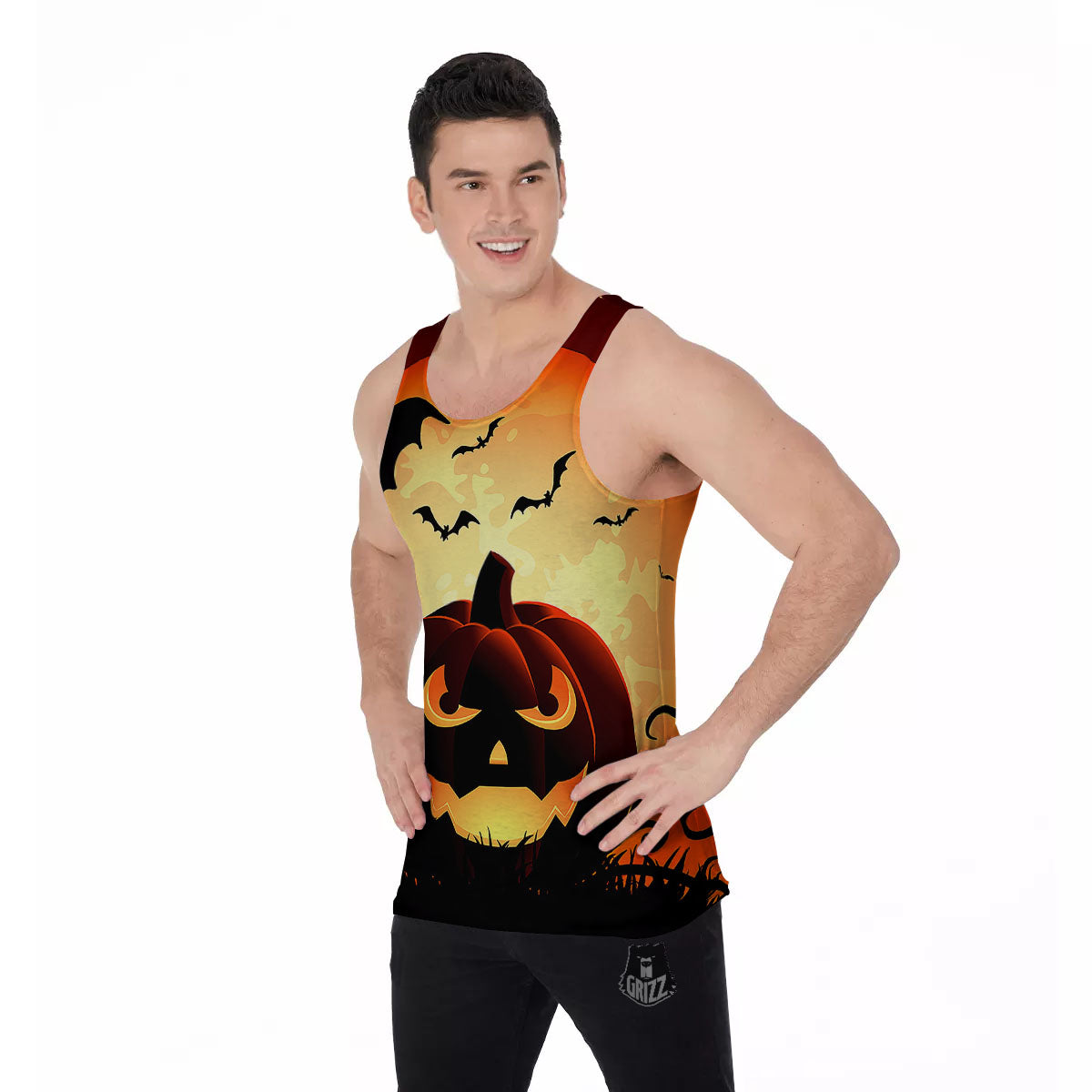 Smiley Faces Halloween Pumpkin Print Men's Tank Top-grizzshop