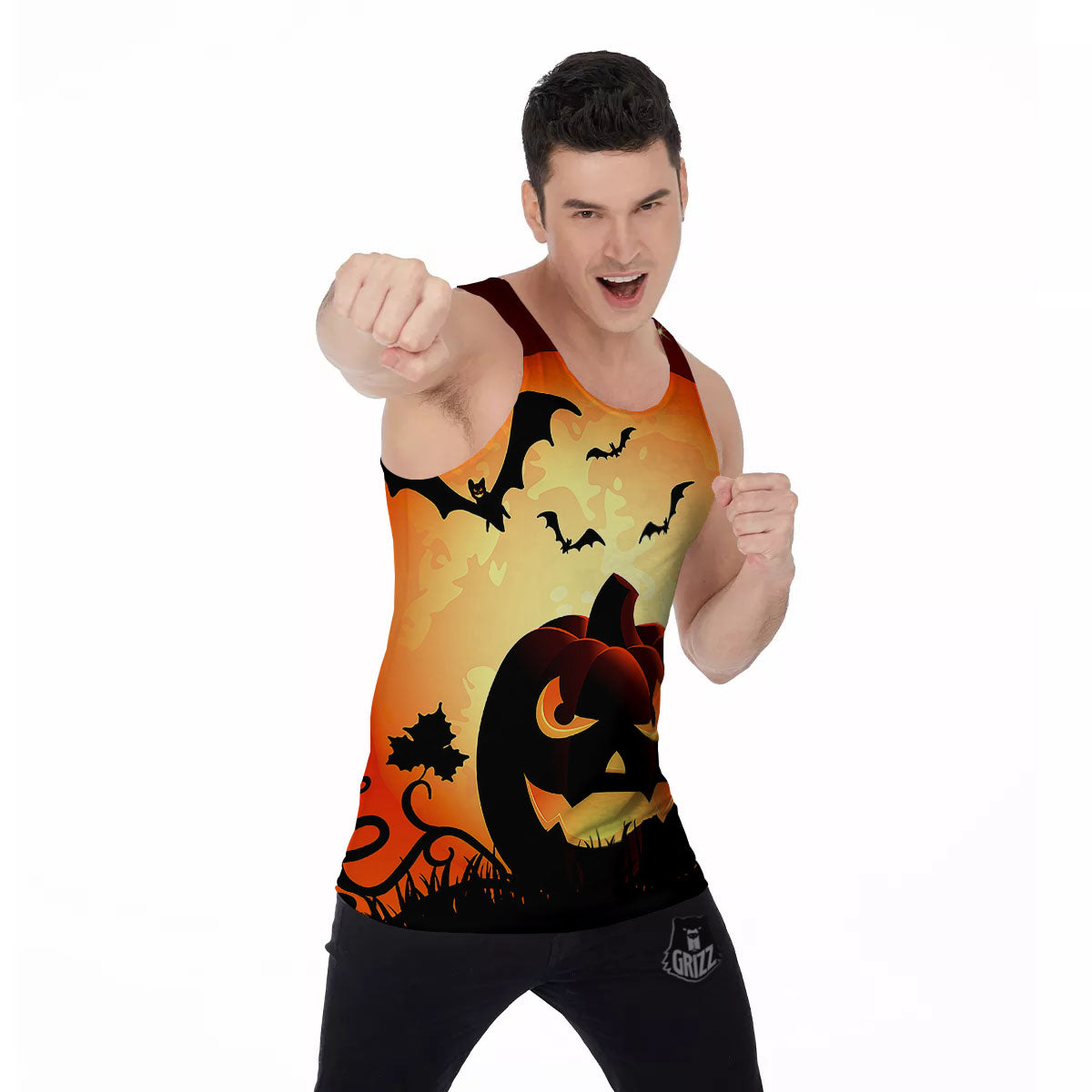 Smiley Faces Halloween Pumpkin Print Men's Tank Top-grizzshop