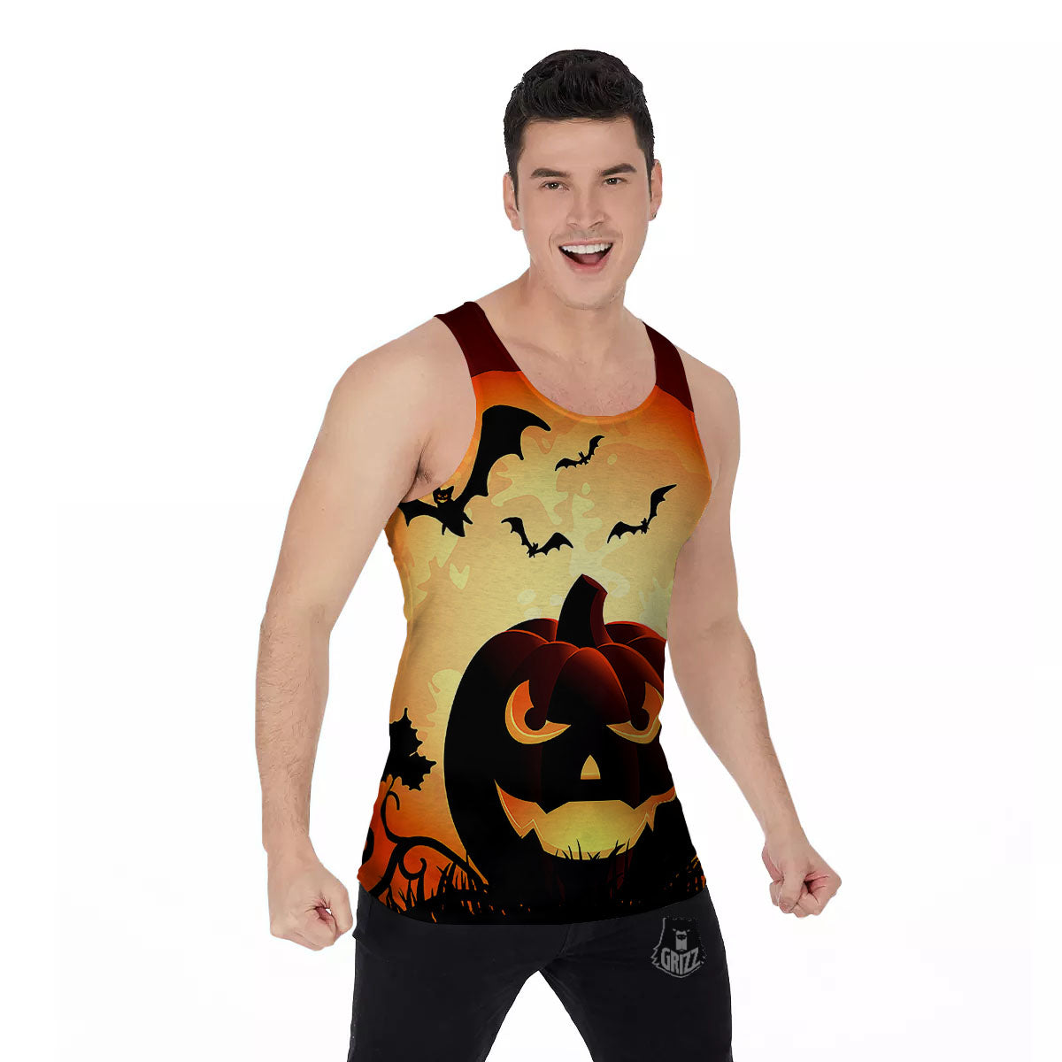 Smiley Faces Halloween Pumpkin Print Men's Tank Top-grizzshop