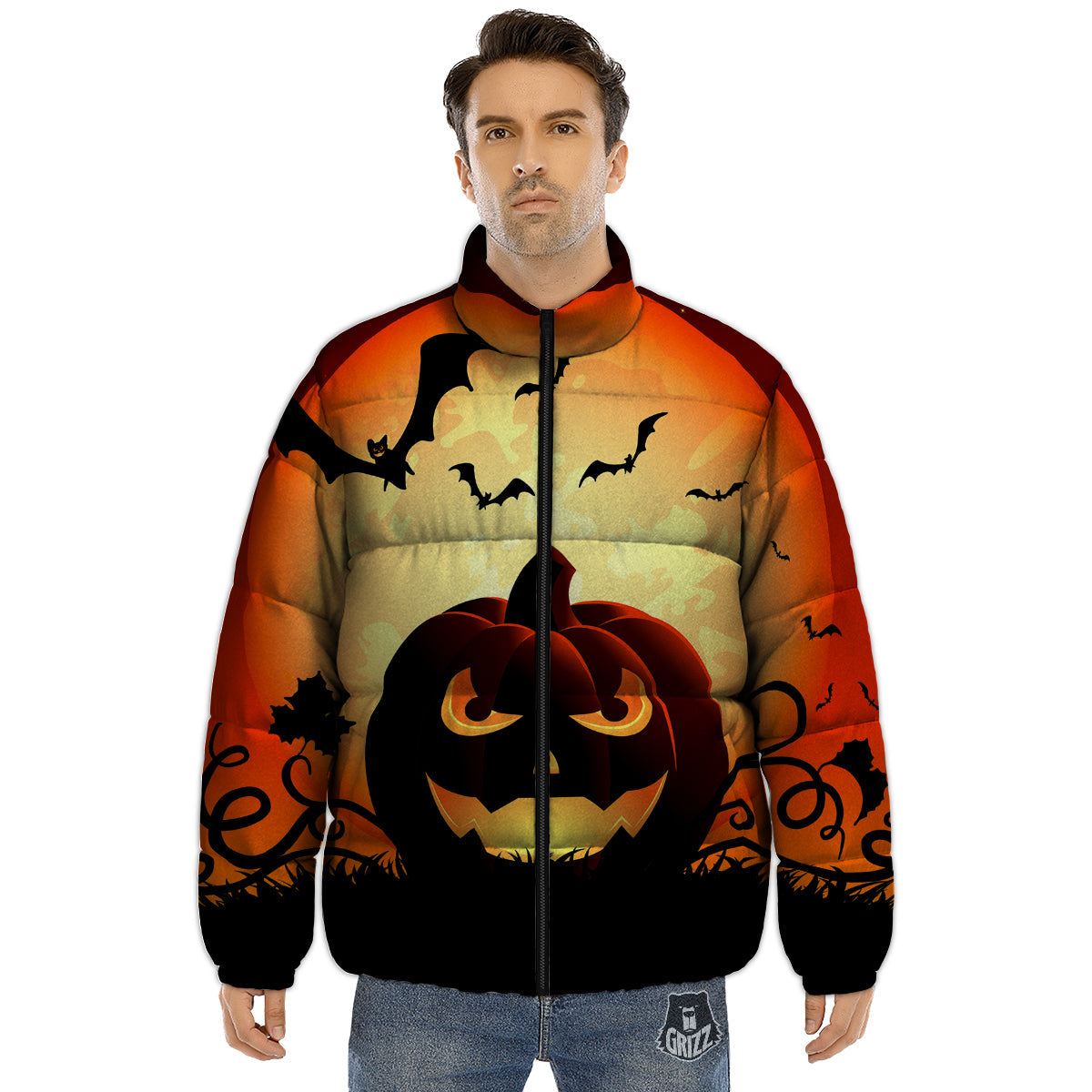 Smiley Faces Halloween Pumpkin Print Puffer Jacket