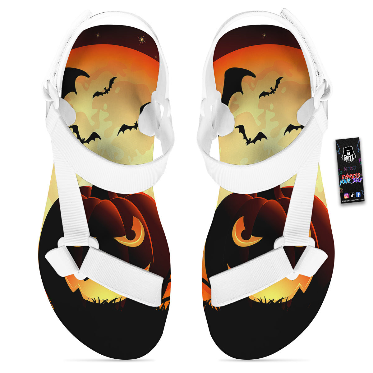 Smiley Faces Halloween Pumpkin Print White Open Toe Sandals-grizzshop