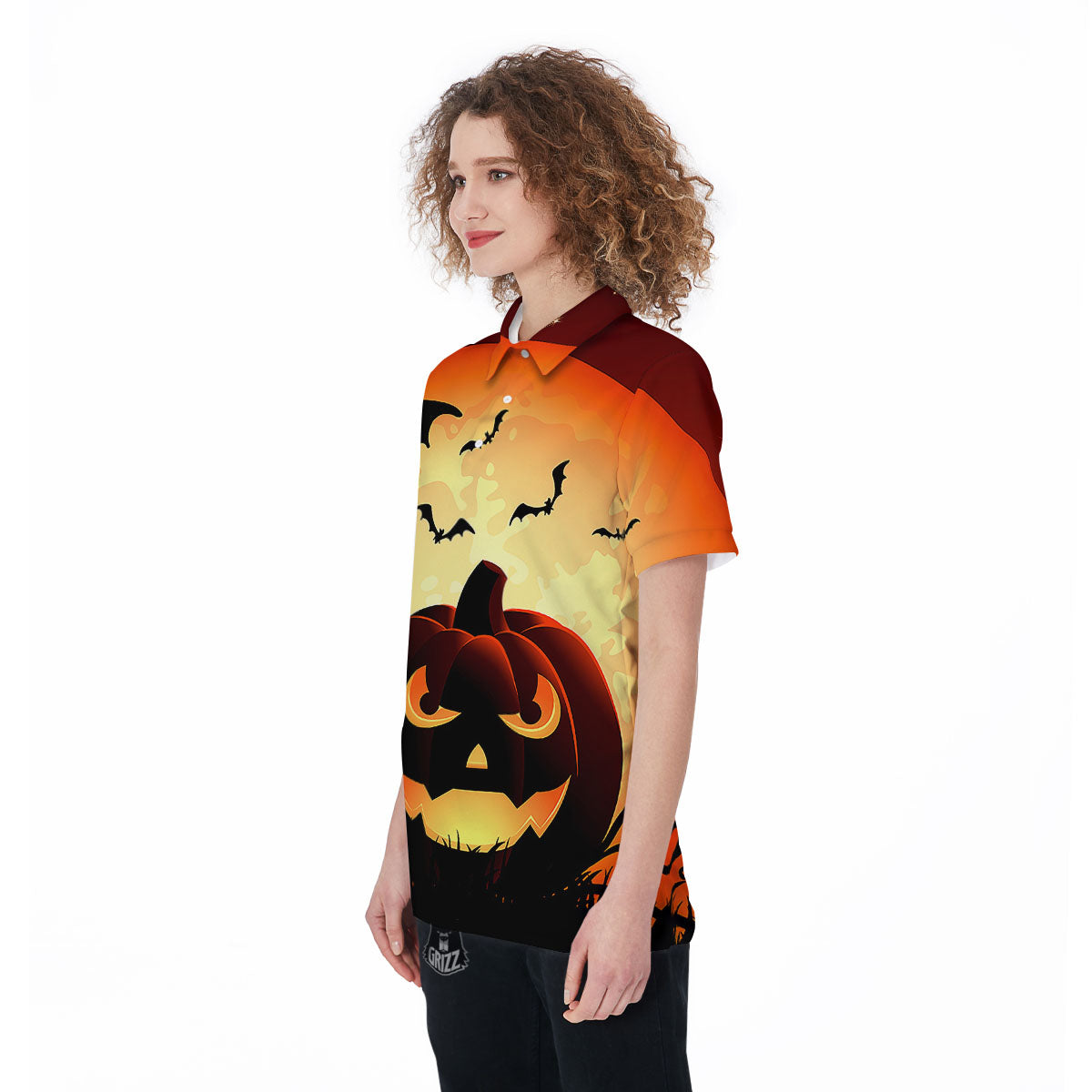 Smiley Faces Halloween Pumpkin Print Women's Golf Shirts-grizzshop