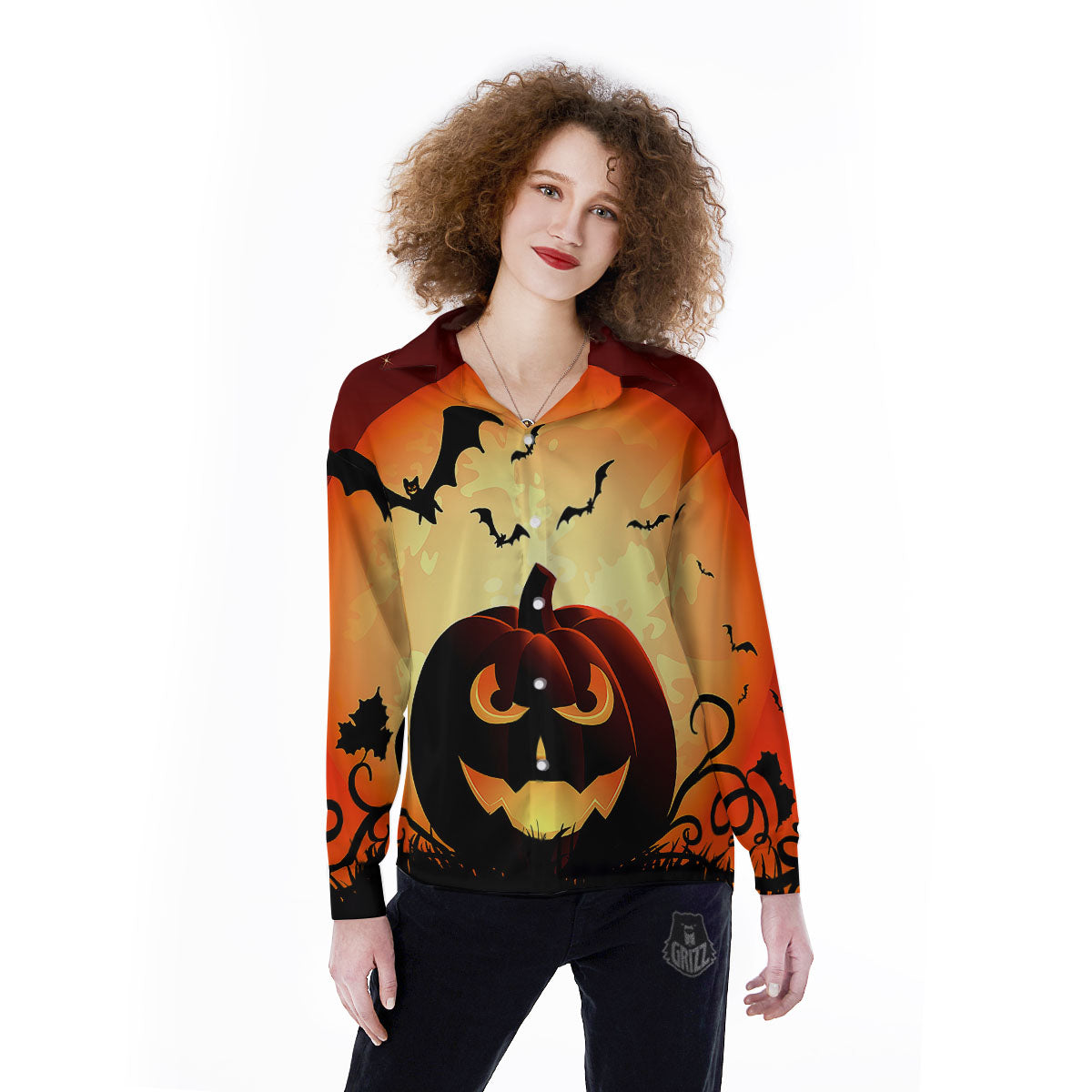 Smiley Faces Halloween Pumpkin Print Women's Long Sleeve Shirts-grizzshop