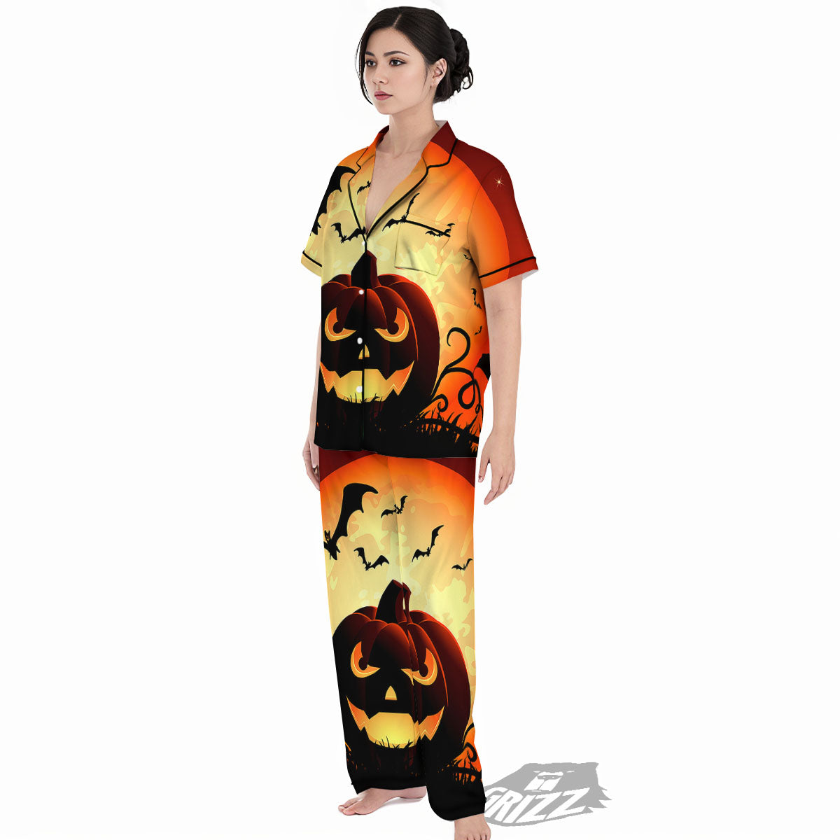 Smiley Faces Halloween Pumpkin Print Women's Pajamas Set-grizzshop