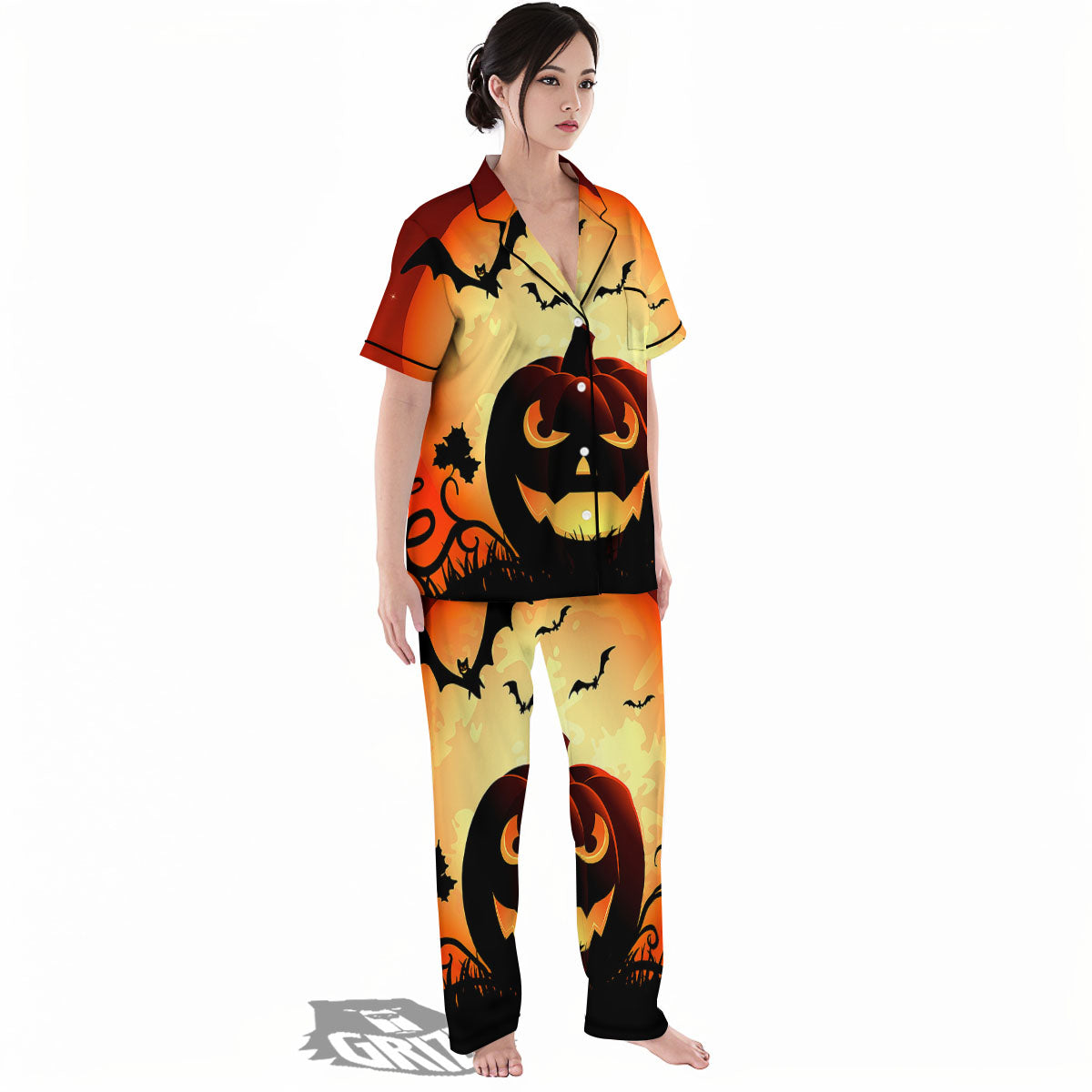 Smiley Faces Halloween Pumpkin Print Women's Pajamas Set-grizzshop