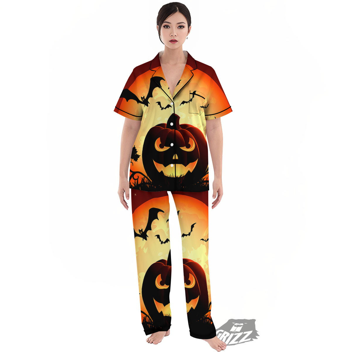 Smiley Faces Halloween Pumpkin Print Women's Pajamas Set-grizzshop