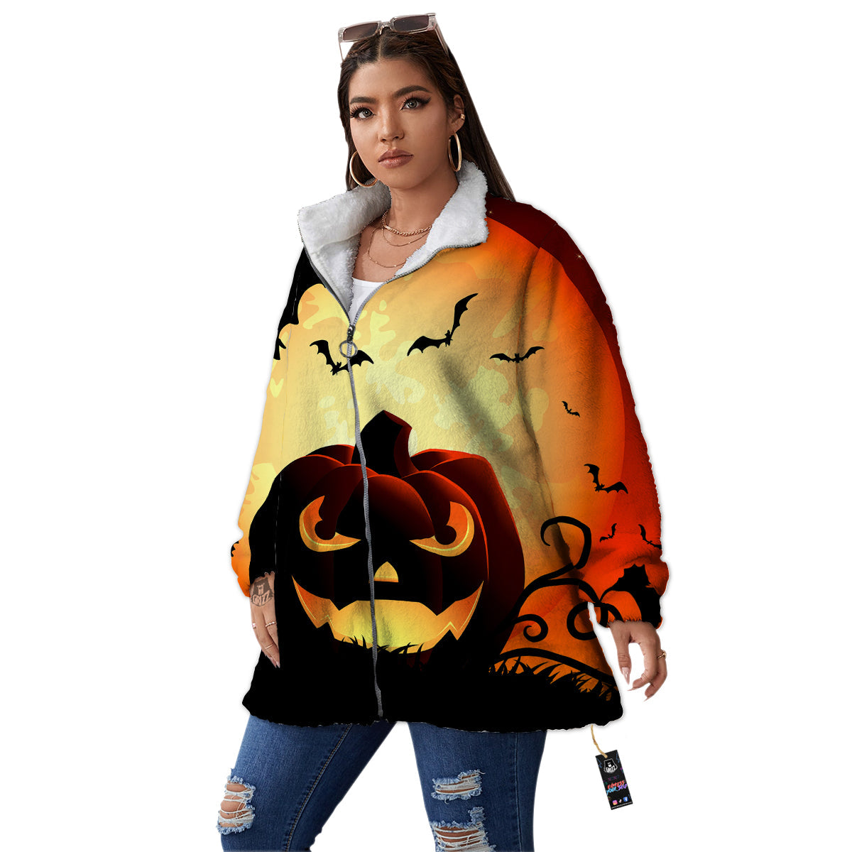 Smiley Faces Halloween Pumpkin Print Women's Sherpa Jacket-grizzshop