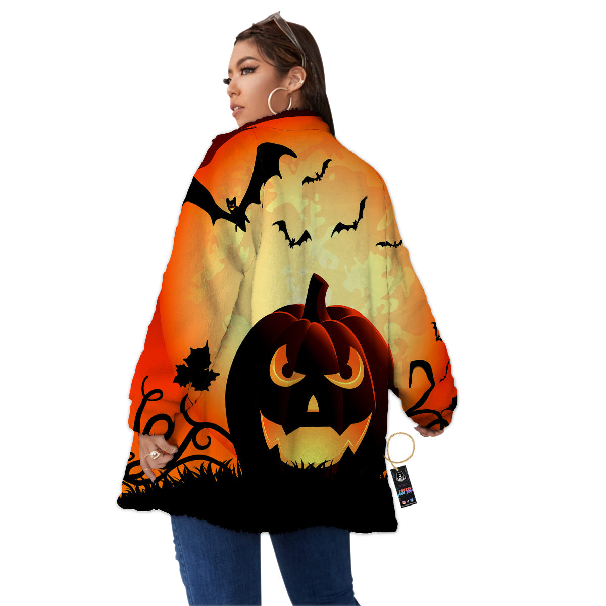 Smiley Faces Halloween Pumpkin Print Women's Sherpa Jacket-grizzshop