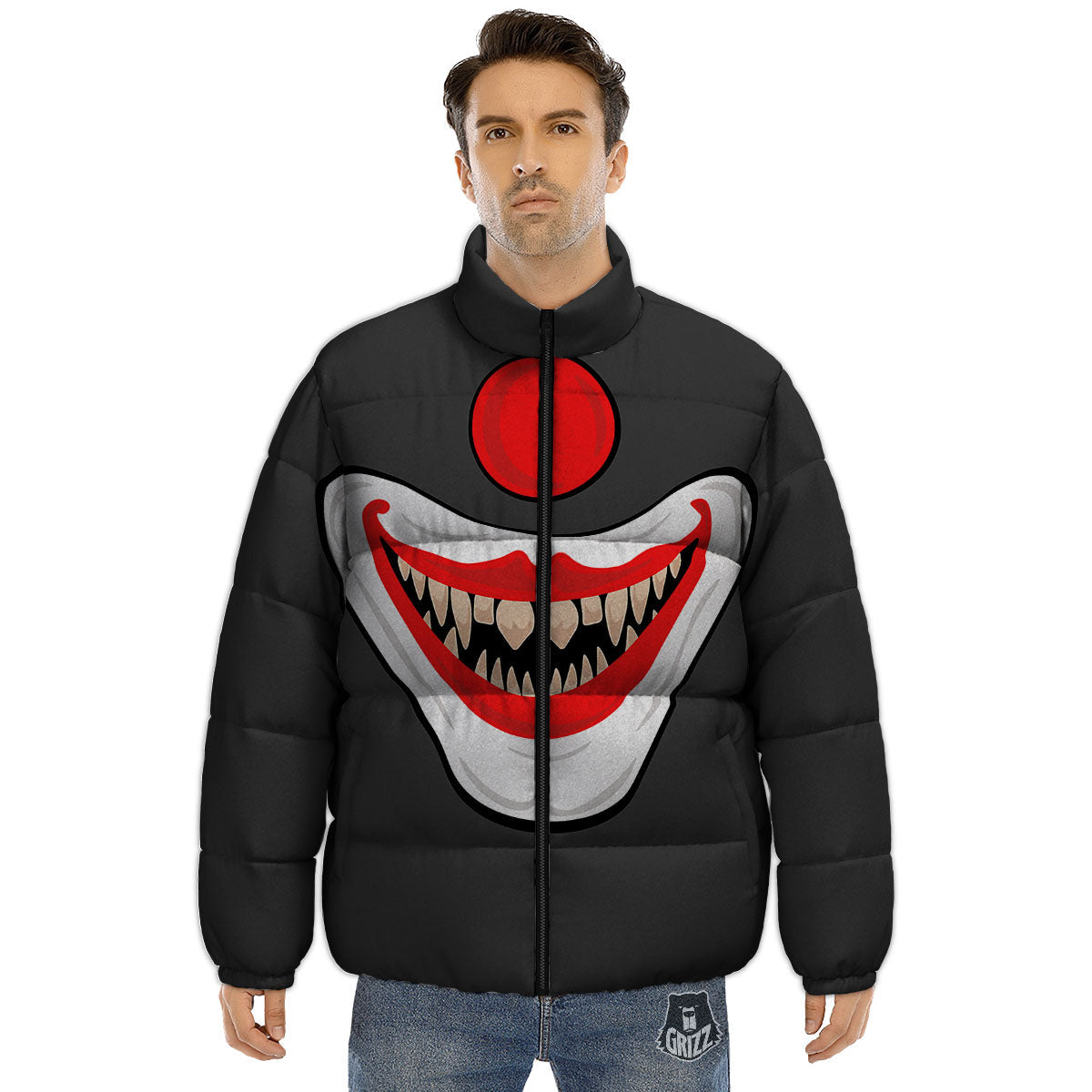 Smiling Clown Halloween Print Puffer Jacket-grizzshop