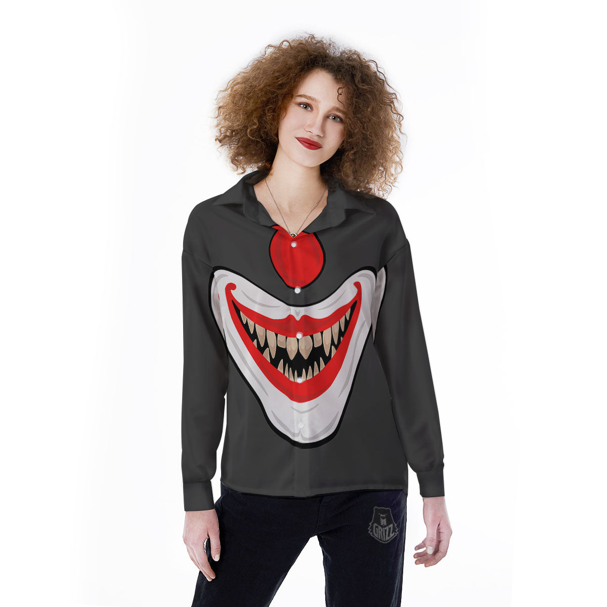 Smiling Clown Halloween Print Women's Long Sleeve Shirts-grizzshop