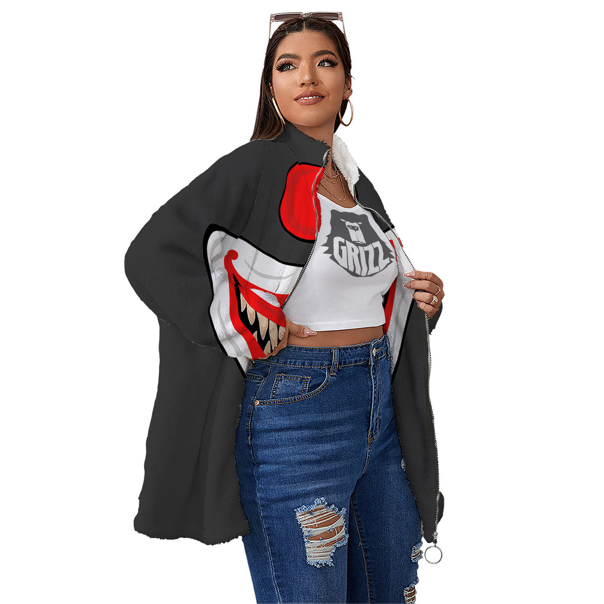 Smiling Clown Halloween Print Women's Sherpa Jacket-grizzshop