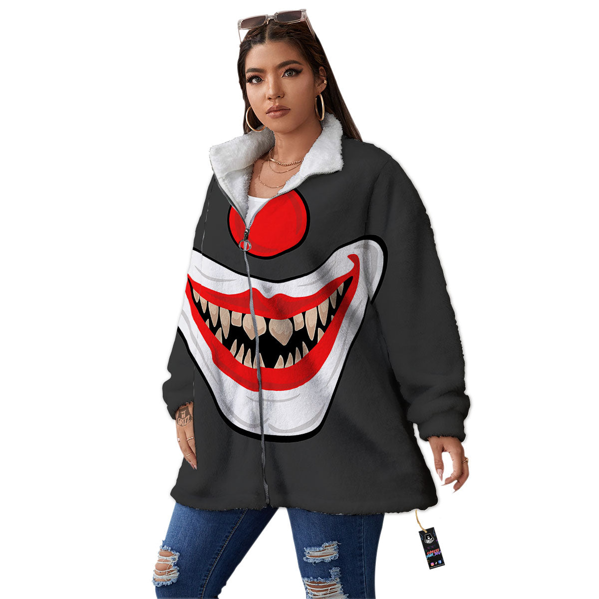 Smiling Clown Halloween Print Women's Sherpa Jacket-grizzshop