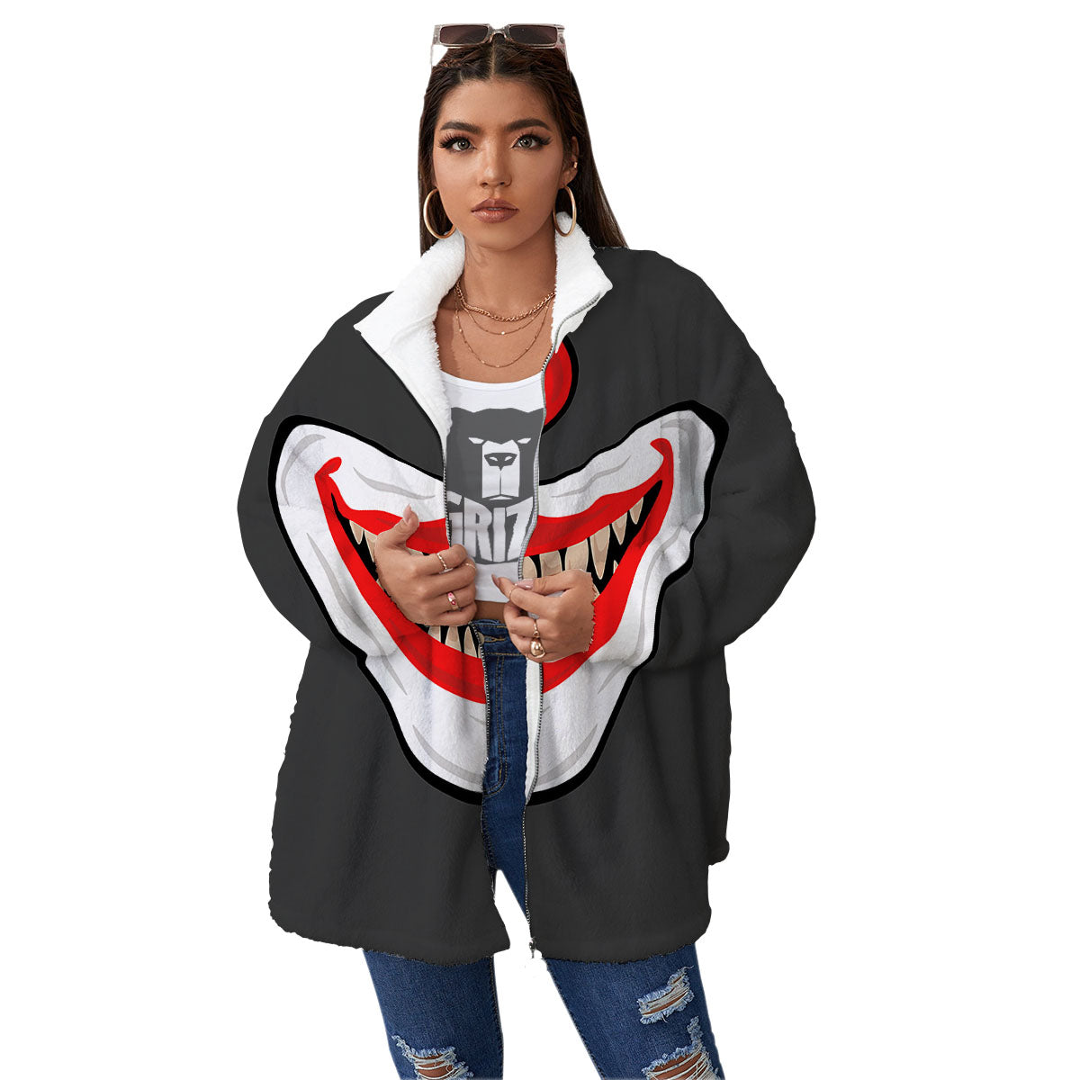 Smiling Clown Halloween Print Women's Sherpa Jacket-grizzshop