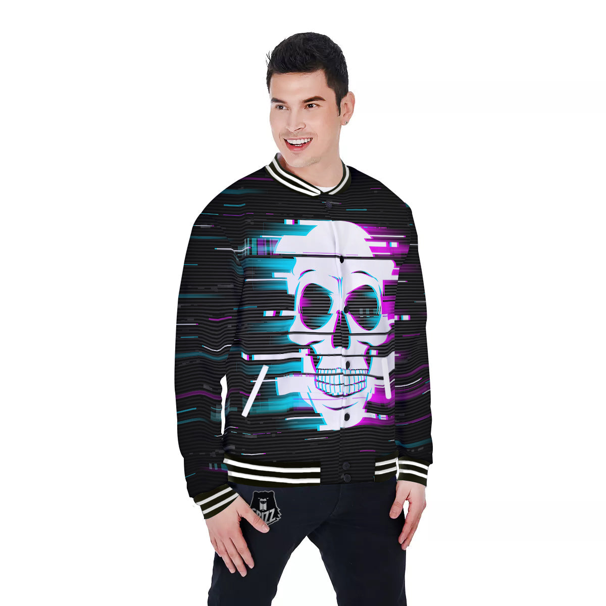 Smiling Skull Glitch Print Baseball Jacket-grizzshop