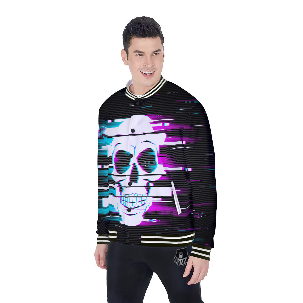 Smiling Skull Glitch Print Baseball Jacket-grizzshop