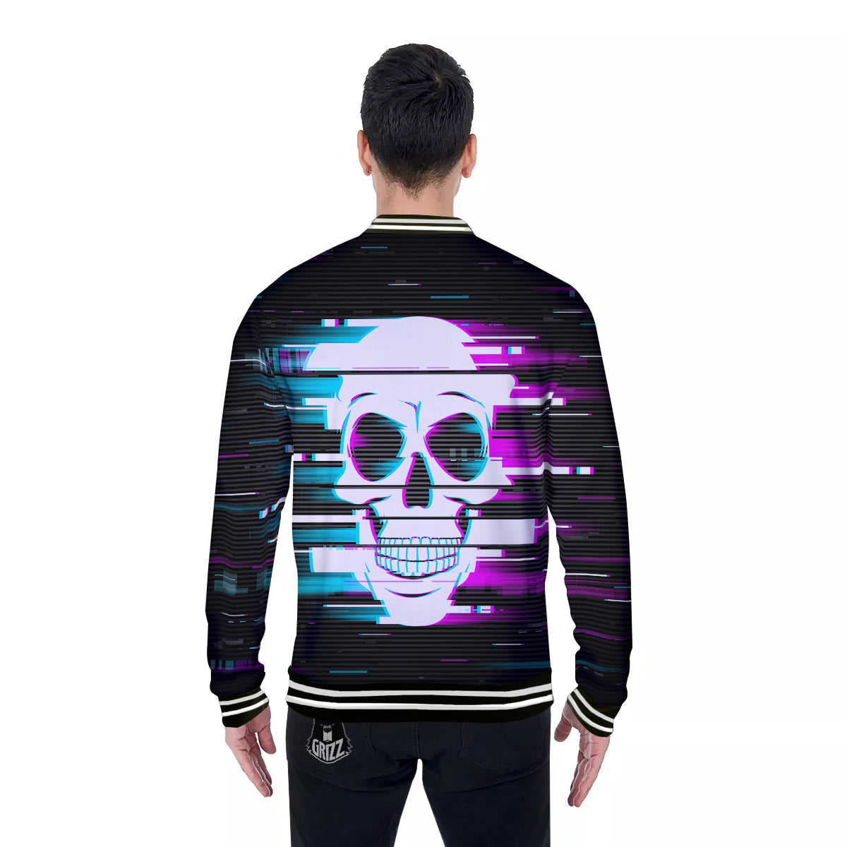 Smiling Skull Glitch Print Baseball Jacket-grizzshop