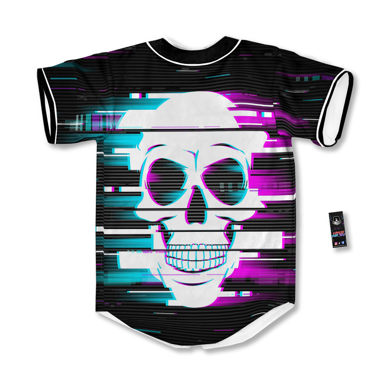 Smiling Skull Glitch Print Baseball Jersey-grizzshop