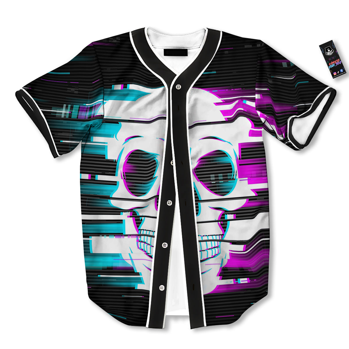 Smiling Skull Glitch Print Baseball Jersey-grizzshop