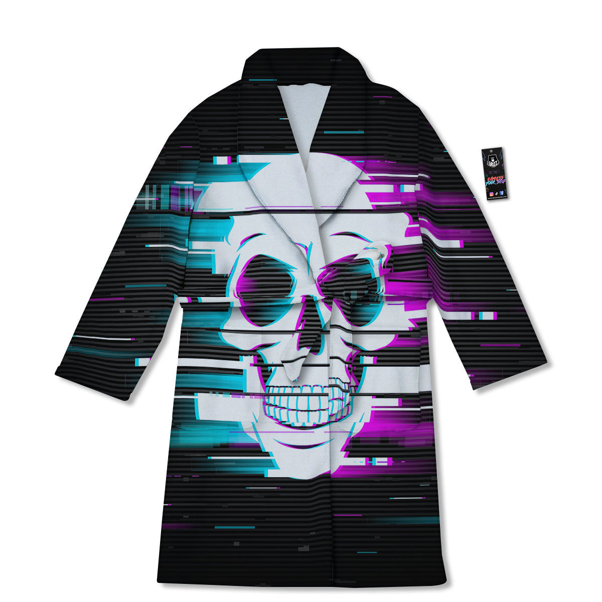 Smiling Skull Glitch Print Bathrobe-grizzshop