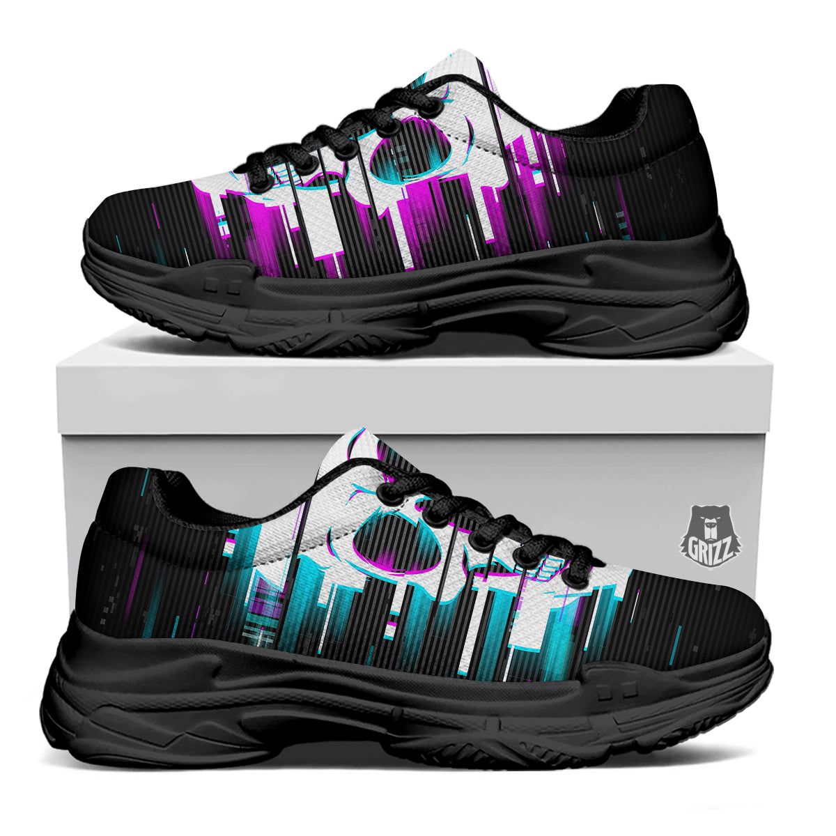 Smiling Skull Glitch Print Black Chunky Shoes-grizzshop