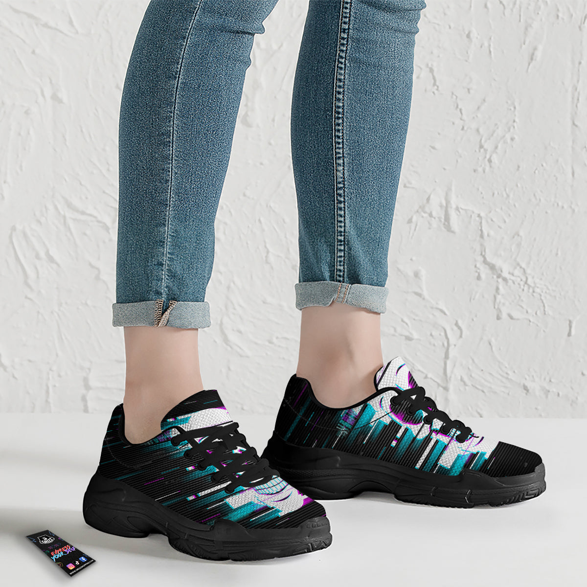 Smiling Skull Glitch Print Black Chunky Shoes-grizzshop