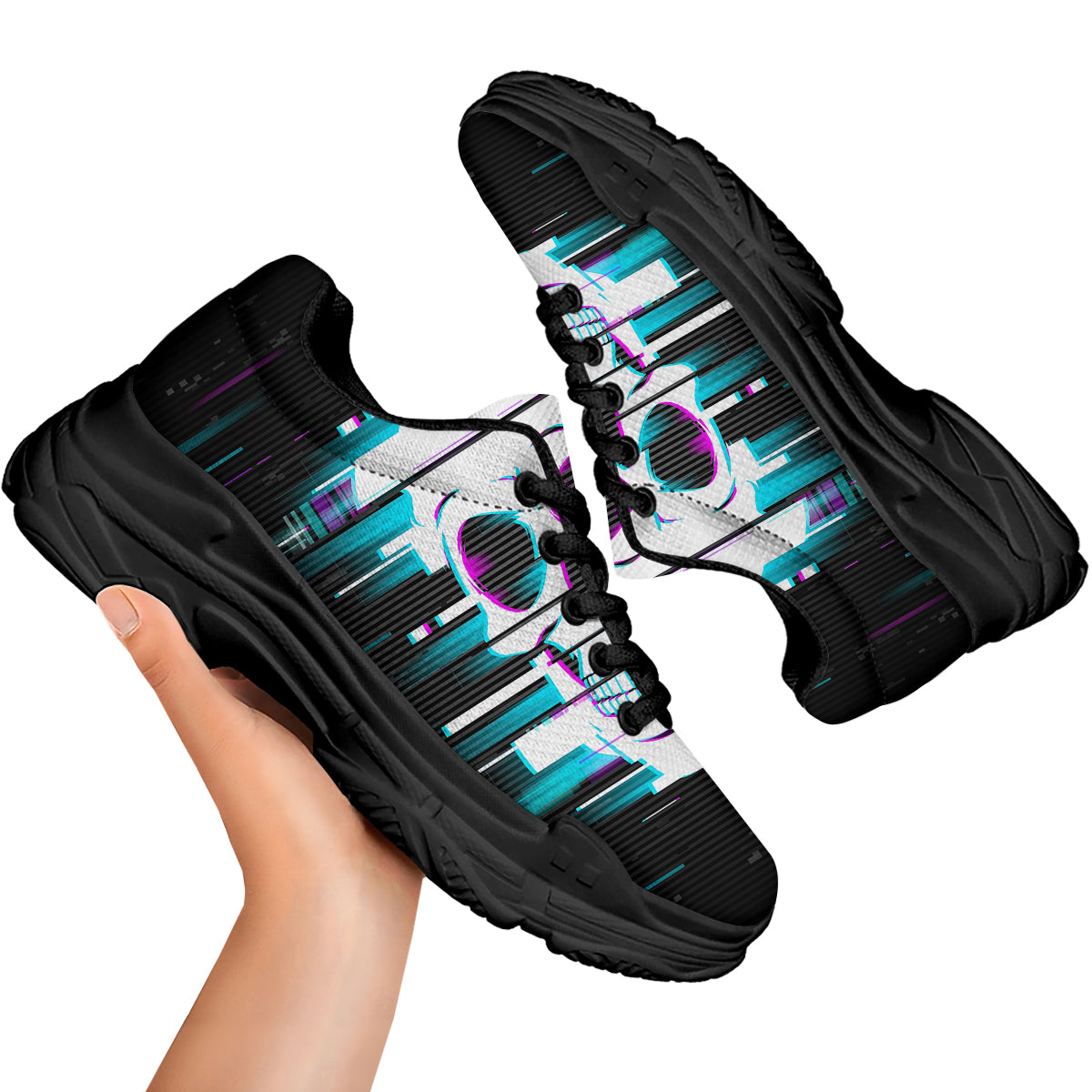 Smiling Skull Glitch Print Black Chunky Shoes-grizzshop